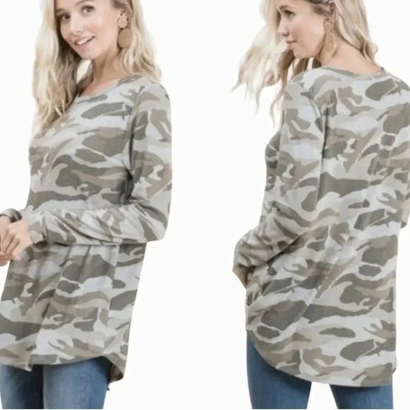 Bombom New Camouflage Long Sleeves Tunic T Shirt Knit Tops Size S Charcoal Gray - Picture 2 of 16